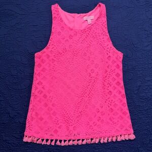 Lilly Pulitzer Neon Pink Lace Tassel Hem Sleeveless Top Gold Pineapple Zip Sz S